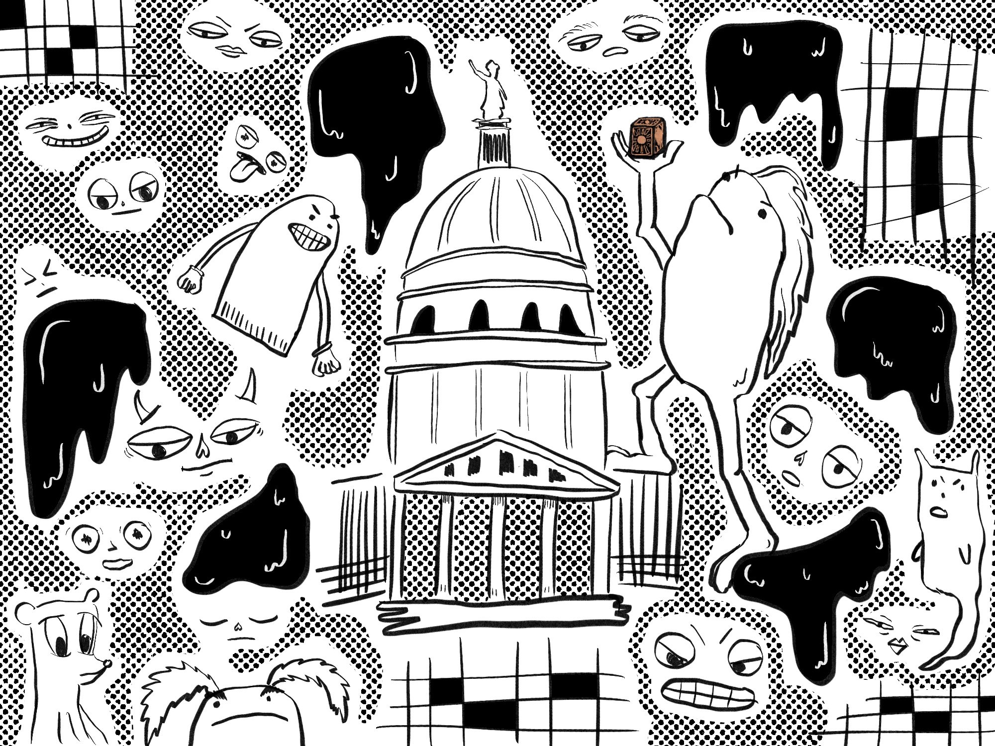 Illustration: Ghosts and ghouls are shown swarming about the Wisconsin Capitol. Illustration by Maggie Denman.