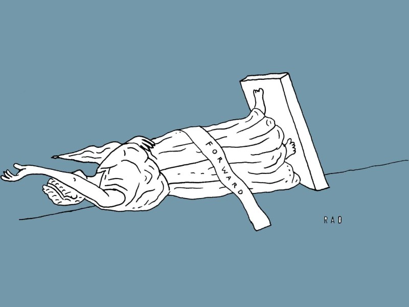 An illustration shows the "Forward" statue laying on its back against a blue background. The statute depicts a woman standing with her arm raised upwards, wearing a gown and a sash that reads "Forward."