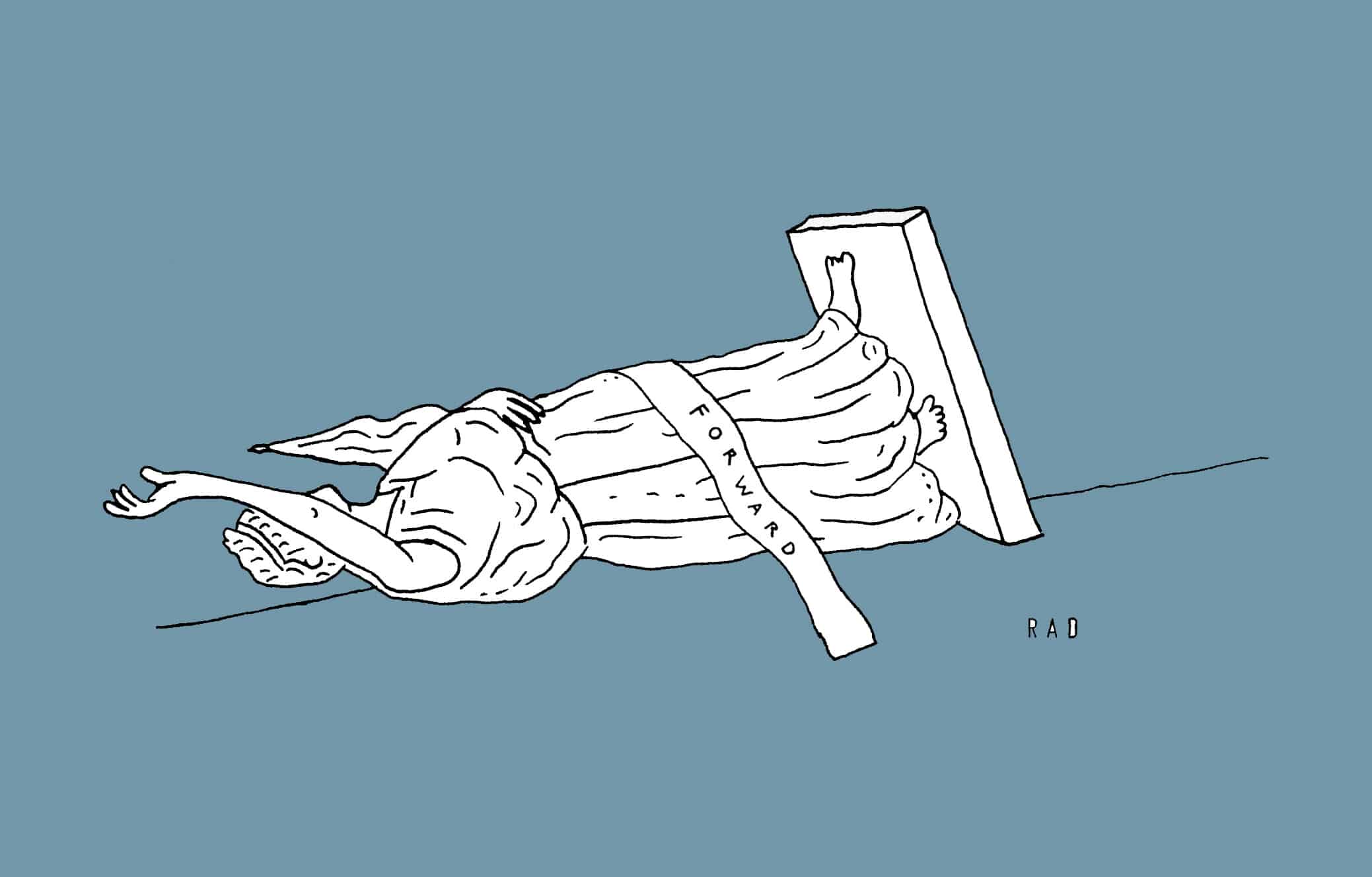 An illustration shows the "Forward" statue laying on its back against a blue background. The statute depicts a woman standing with her arm raised upwards, wearing a gown and a sash that reads "Forward."