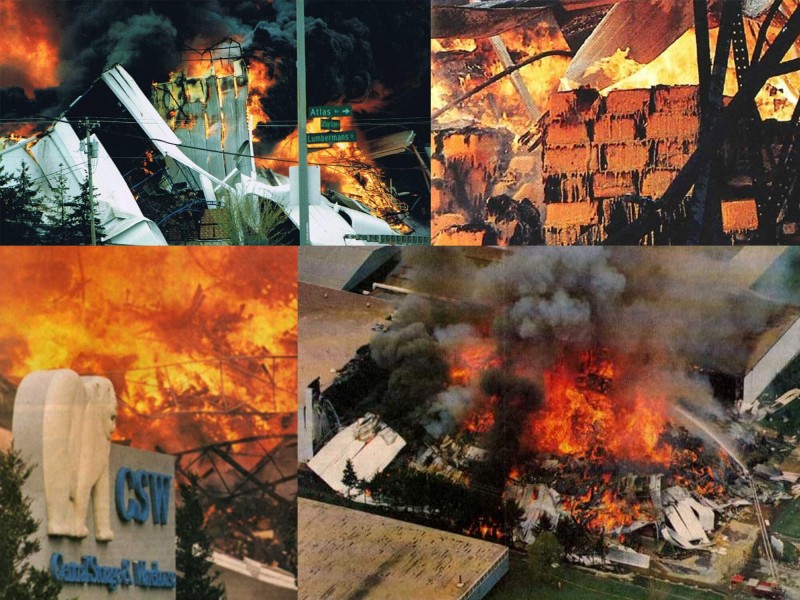 A collage of four historic color photos shows a large, blazing fire in an industrial facility.