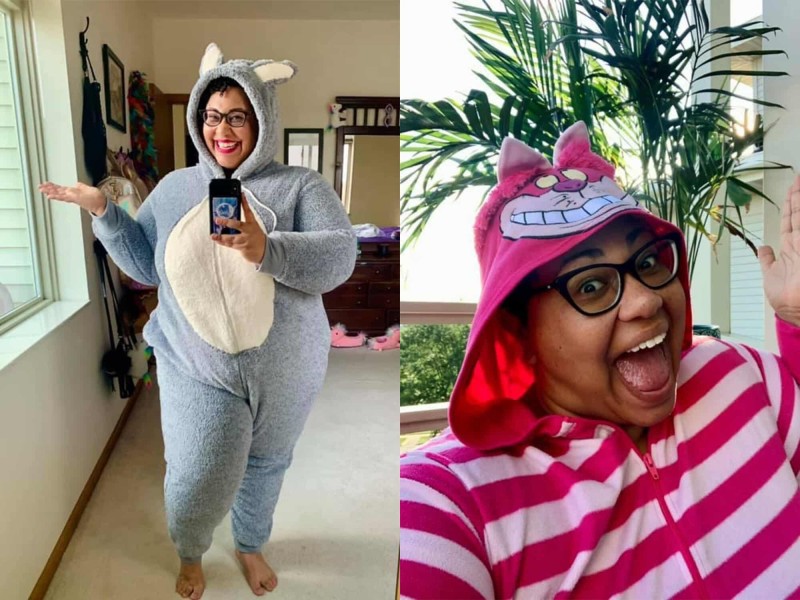 Two side-by-side photos show Dr. Sami Schalk wearing onesies.