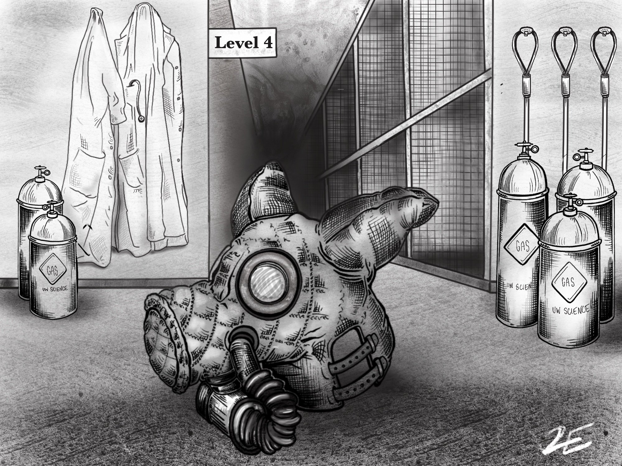 Illustration: A gas mask in the shape of a dog's head sits on the floor of a laboratory space. Behind it are rows of dog cages, lab coats hanging from the wall, and several pressurized tanks labeled "GAS." Illustration by Owen Tuohy.