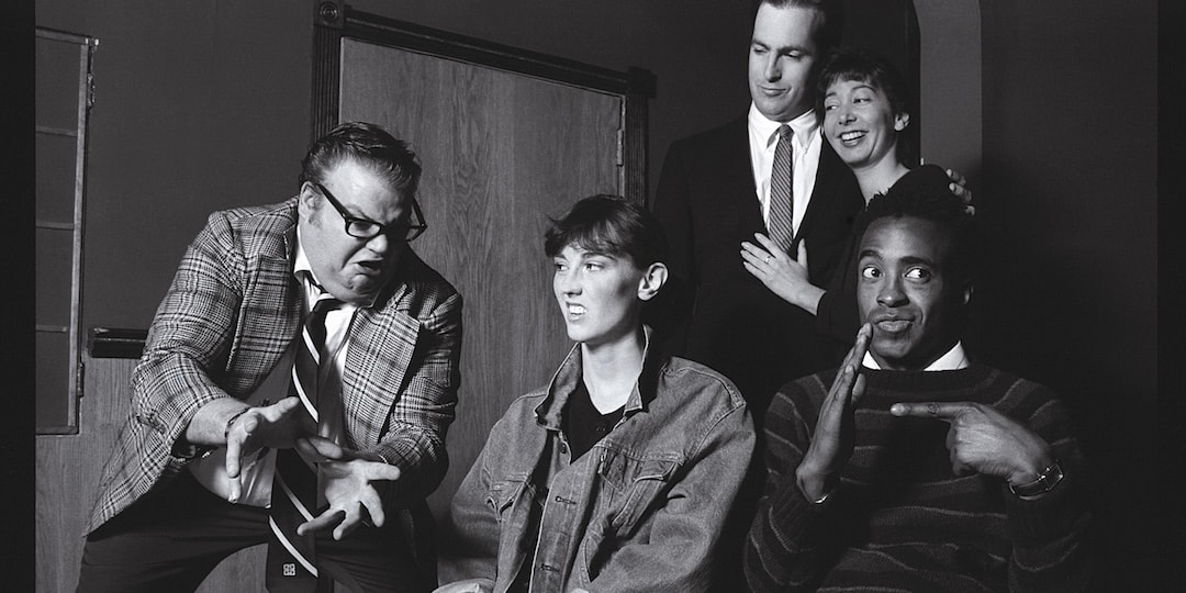 From left to right: Chris Farley, Jill Talley, Bob Odenkirk, Holly Wortell, and Tim Meadows, in their Second City days.