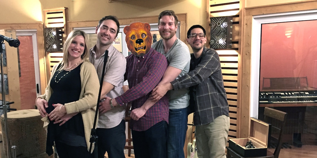 Cribshitter in the studio recording its new album. From left to right: Christine Christenson, Karl Christenson, The Fucking Lion, Kyle Ritchie, and Eric Caldera.