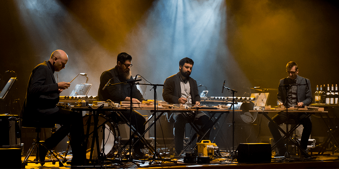 Sō Percussion is, from left to right: Jason Treuting, Josh Quillen, Adam Sliwinski, and Eric Cha-Beach. Photo by Claudia Hansen.p