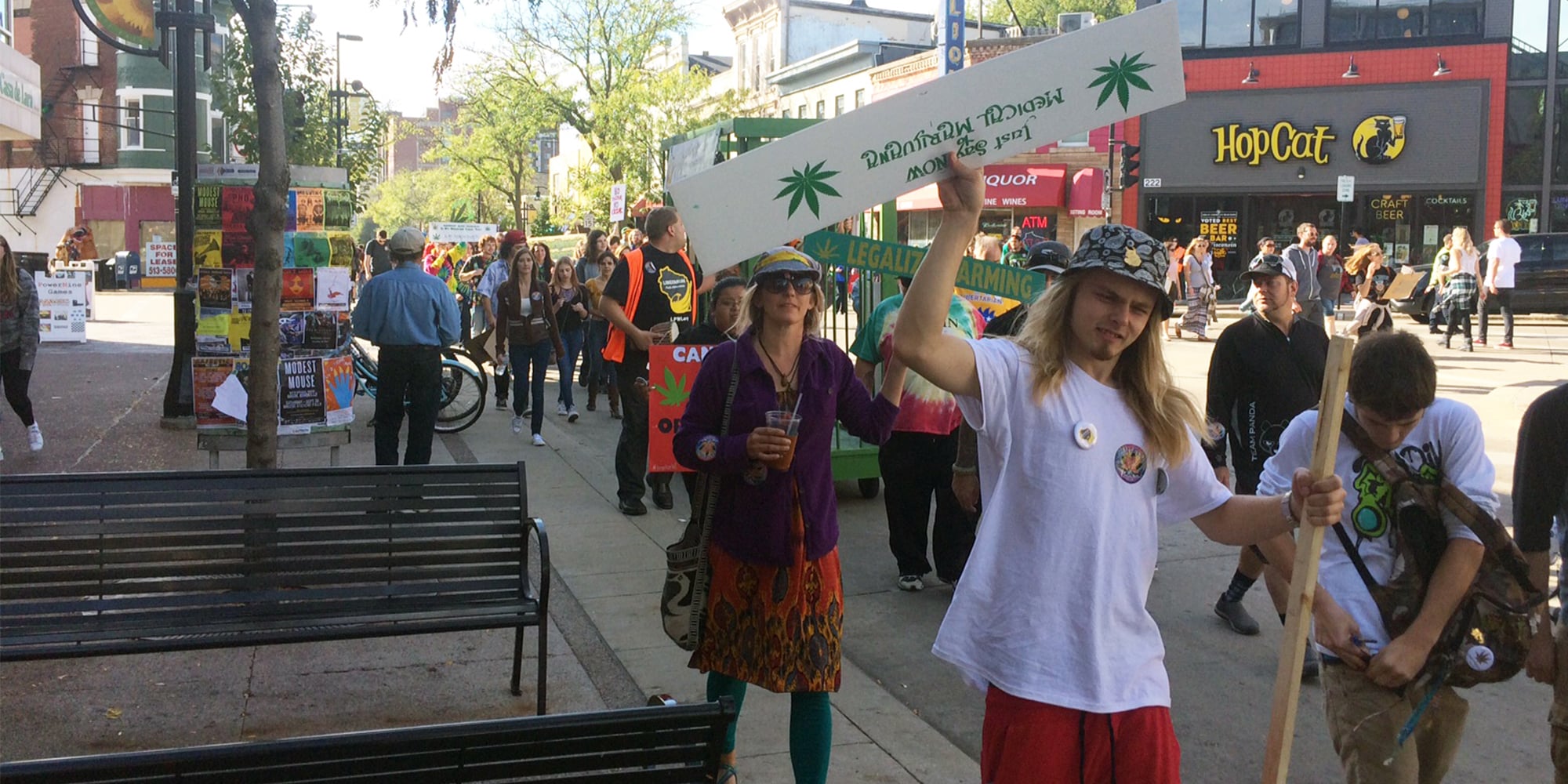 Participants in the 2017 Great Midwest Marijuana Harvest Festival march down State Street. Photo by Reid Kurkerewicz.