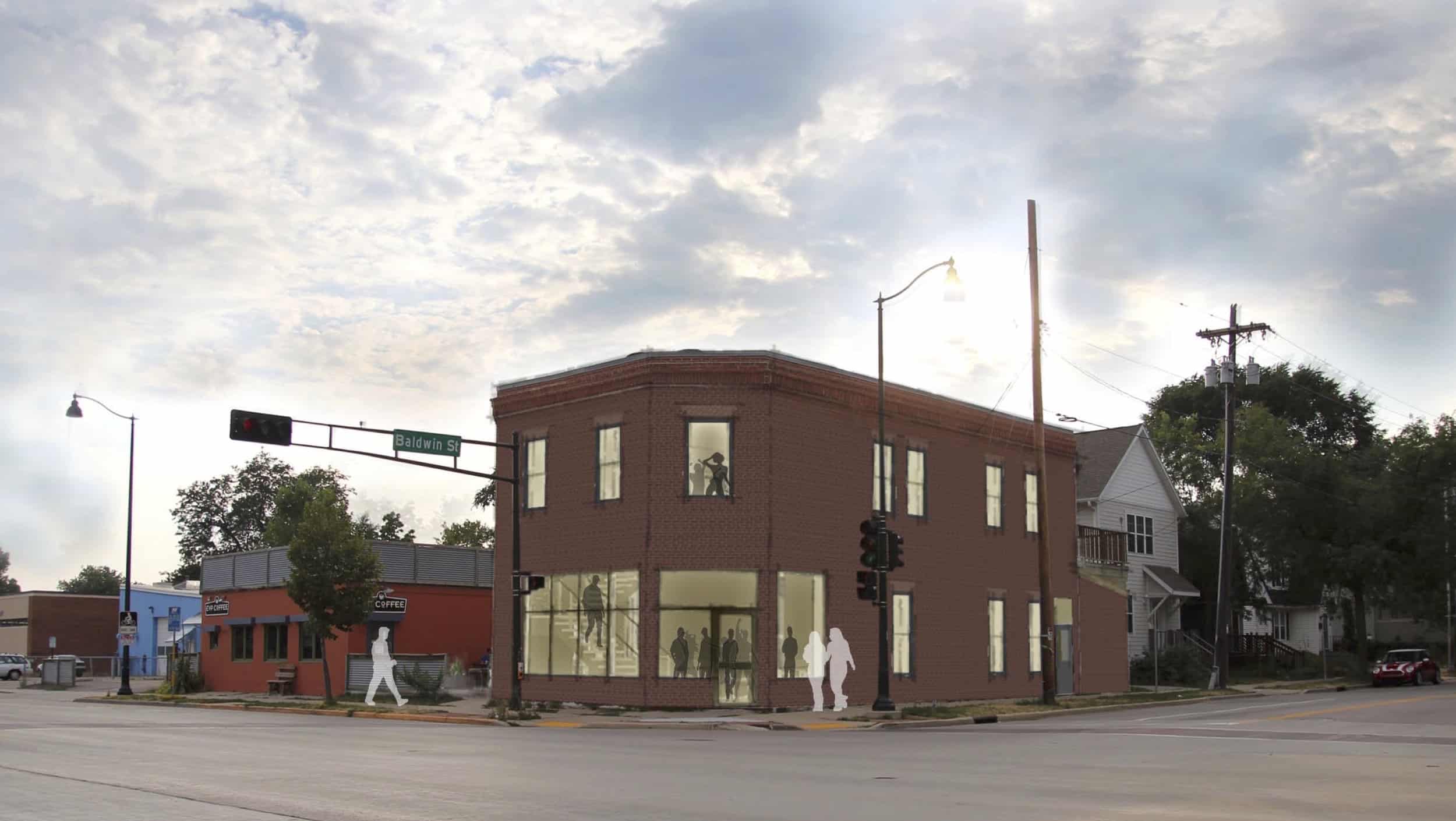 A concept drawing shows a since-scrapped plan to turn the former Smart Studios building on East Wash into a bar or restaurant. Illustration via Tillis Architecture/Fourcap Real Estate.