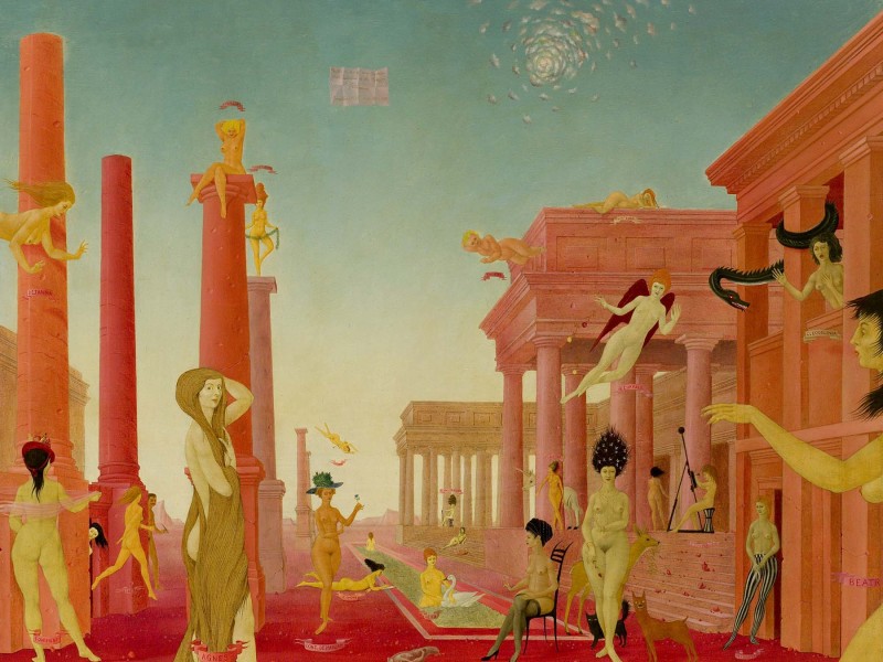 A painting by John Wilde depicts nude figures in a surreal landscape of orange-red columns and a blue-green sky.