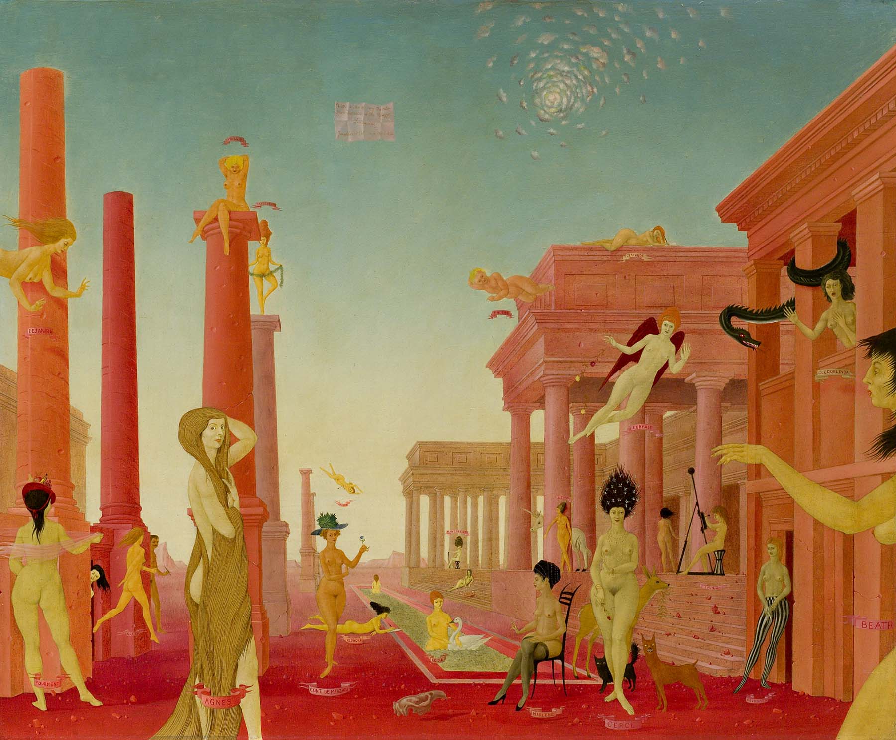 A painting by John Wilde depicts nude figures in a surreal landscape of orange-red columns and a blue-green sky. 