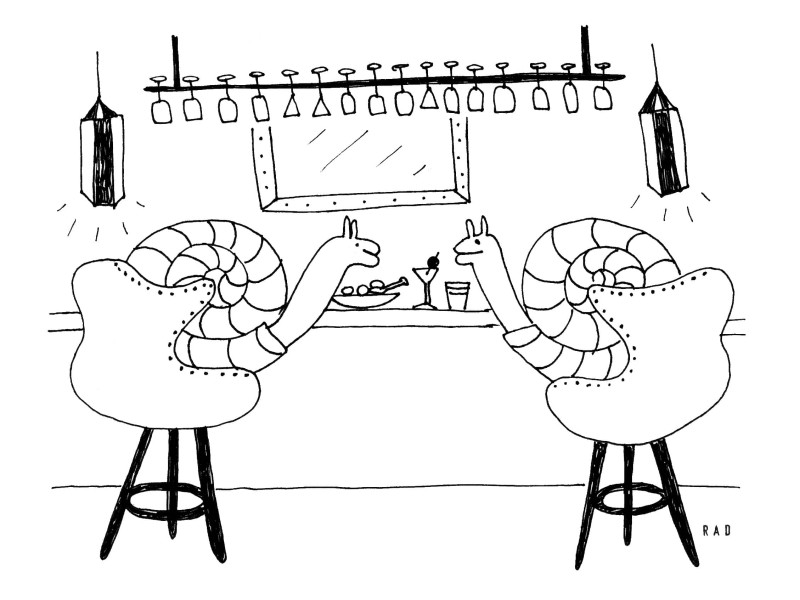 An illustration shows two snails sitting in chairs in front of a bar.