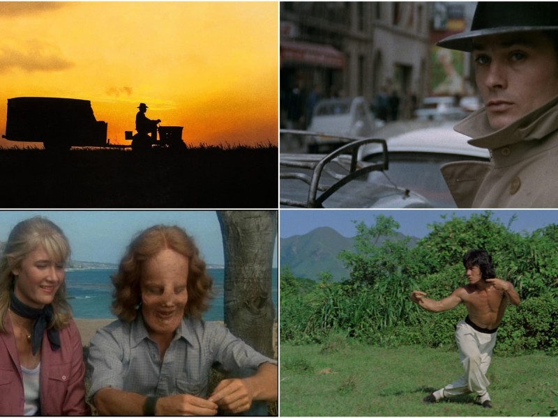 Clockwise from top left: the dark silhouette of a man riding a lawn mower against an open sky imbued with the yellow ochre of a residual sunset in The Straight Story (1999); Alain Delon, wearing a fedora and a trenchcoat, directs an icy stare toward the camera in Le Samouraï (1967); Jackie Chan practices the art of intoxicated fighting amid a verdant, mountainous landscape in Drunken Master (1978); Laura Dern and Eric Stoltz share a tender moment by the beach in Mask (1985).