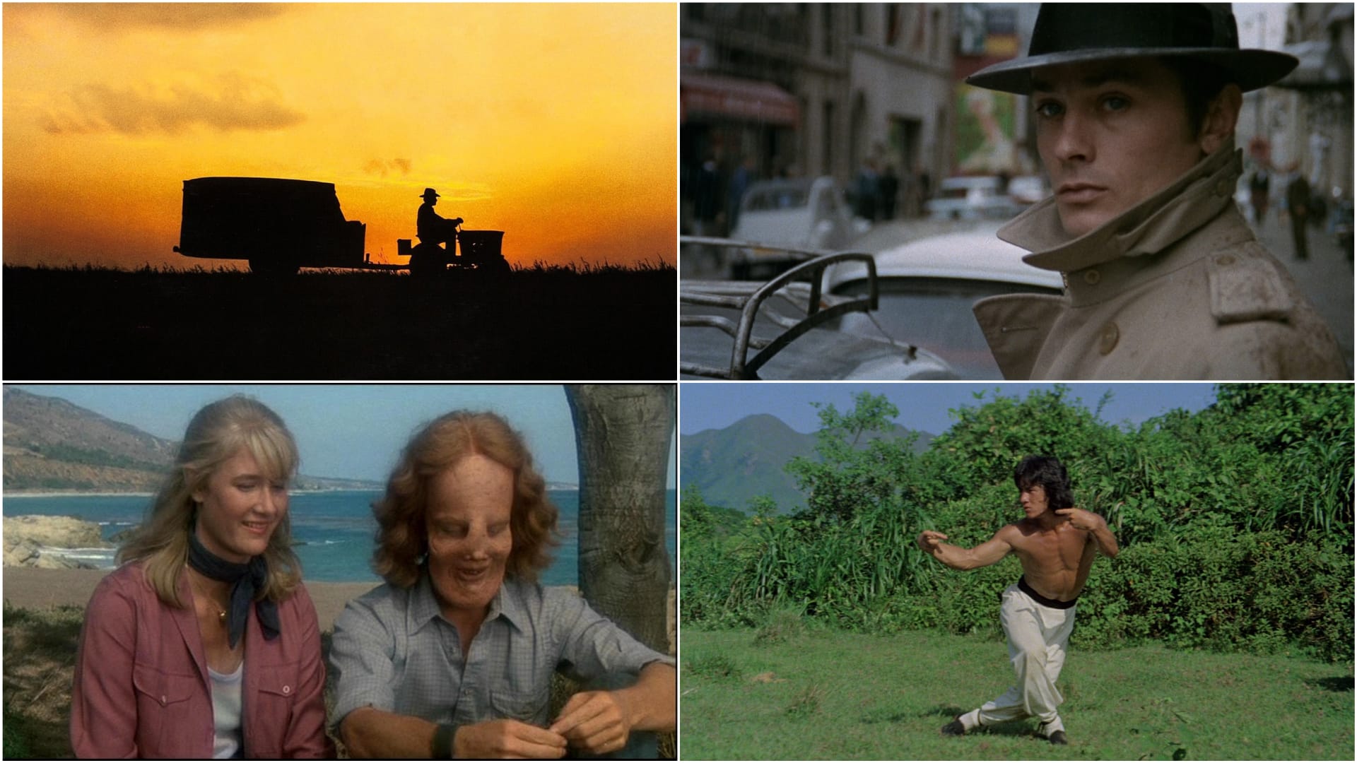 Clockwise from top left: the dark silhouette of a man riding a lawn mower against an open sky imbued with the yellow ochre of a residual sunset in The Straight Story (1999); Alain Delon, wearing a fedora and a trenchcoat, directs an icy stare toward the camera in Le Samouraï (1967); Jackie Chan practices the art of intoxicated fighting amid a verdant, mountainous landscape in Drunken Master (1978); Laura Dern and Eric Stoltz share a tender moment by the beach in Mask (1985).     