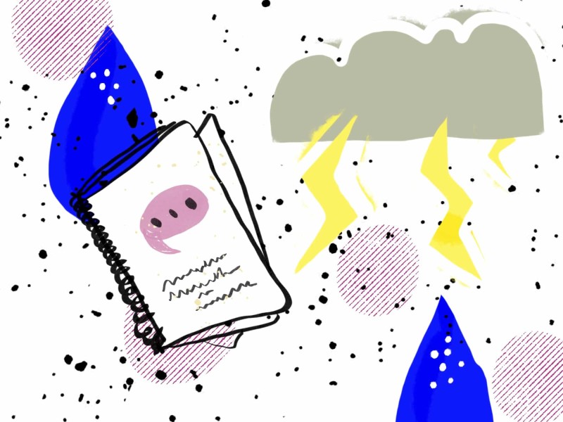 An illustration shows a notebook, large tear drops, and lightning against a white background speckled with black dots and textured red circles. Illustration by Maggie Denman.