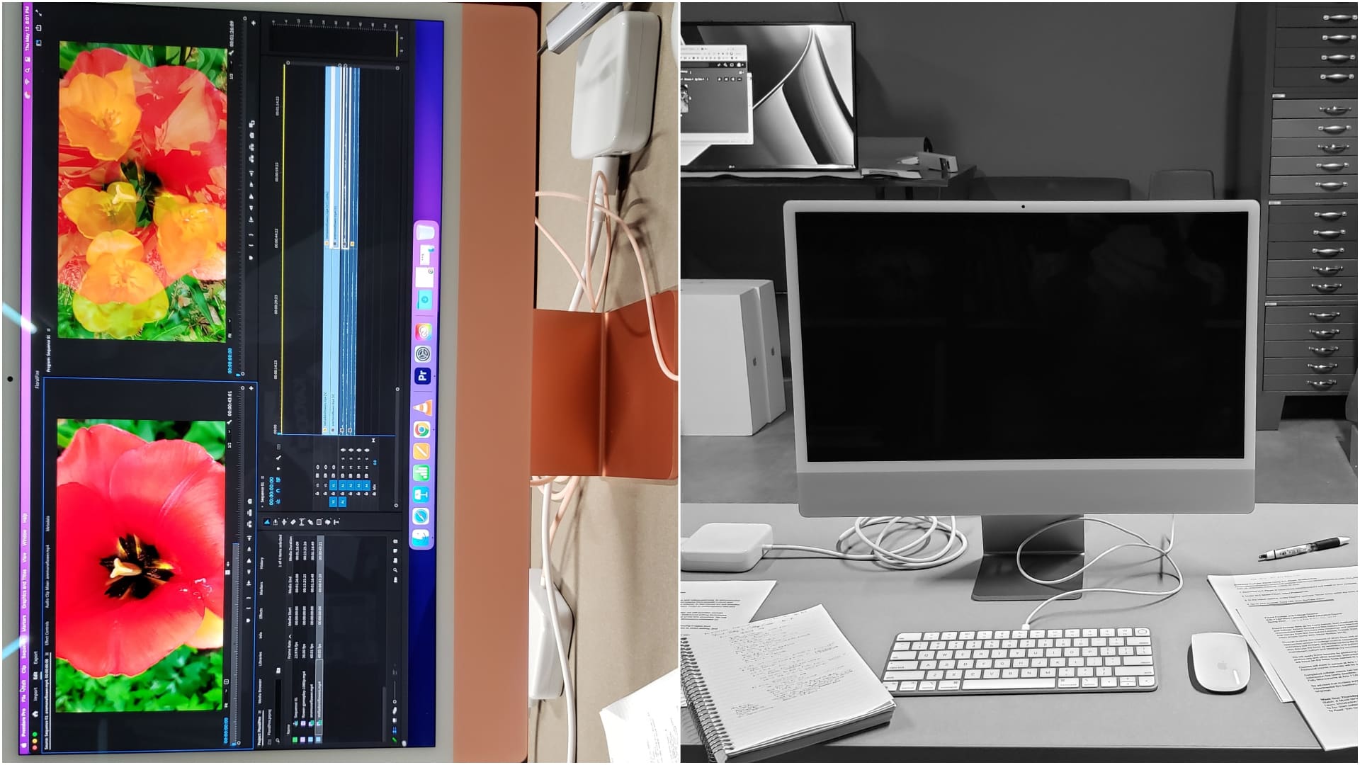 Two images of an iMac in the education room on the third floor of Arts + Literature Laboratory where the Found Footage And Collage Cinema class has been held this spring. This simple collage plays with Maya Deren's philosophy of narrative, and the differences between horizontal "attack of drama" (on the right, a blank screen, in black and white) and the vertical "investigation of a situation" that poetically probes the ramifications of the moment (at more of a close-up on the left, working with Adobe Premiere, in color).