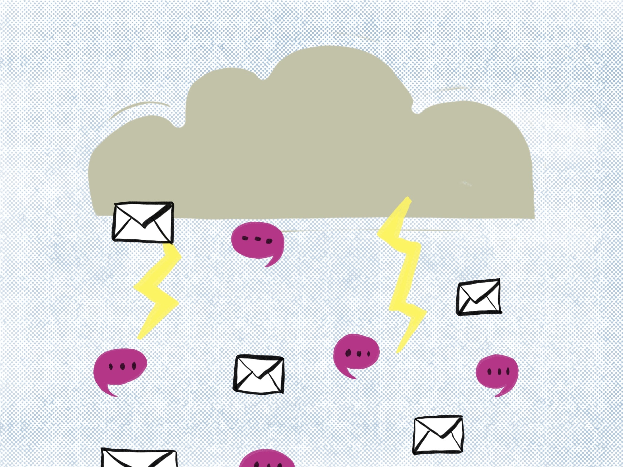 Lightning bolts, pink message bubbles and white envelopes rain down from a gray cloud on a background of pale blue and white.