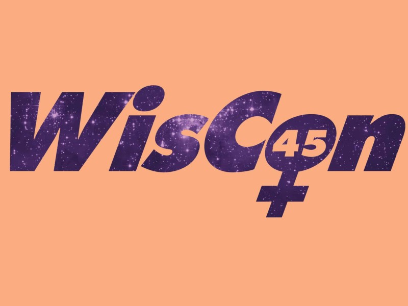 The logo for WisCon 45 is shown against a pastel orange background. The logo consists of the name "WisCon" in large, italicized sans-serif letters, filled in with violet coloring and images of stars. The lower-case "o" has the number "45" inside it, and extends downward to create a "female" symbol.