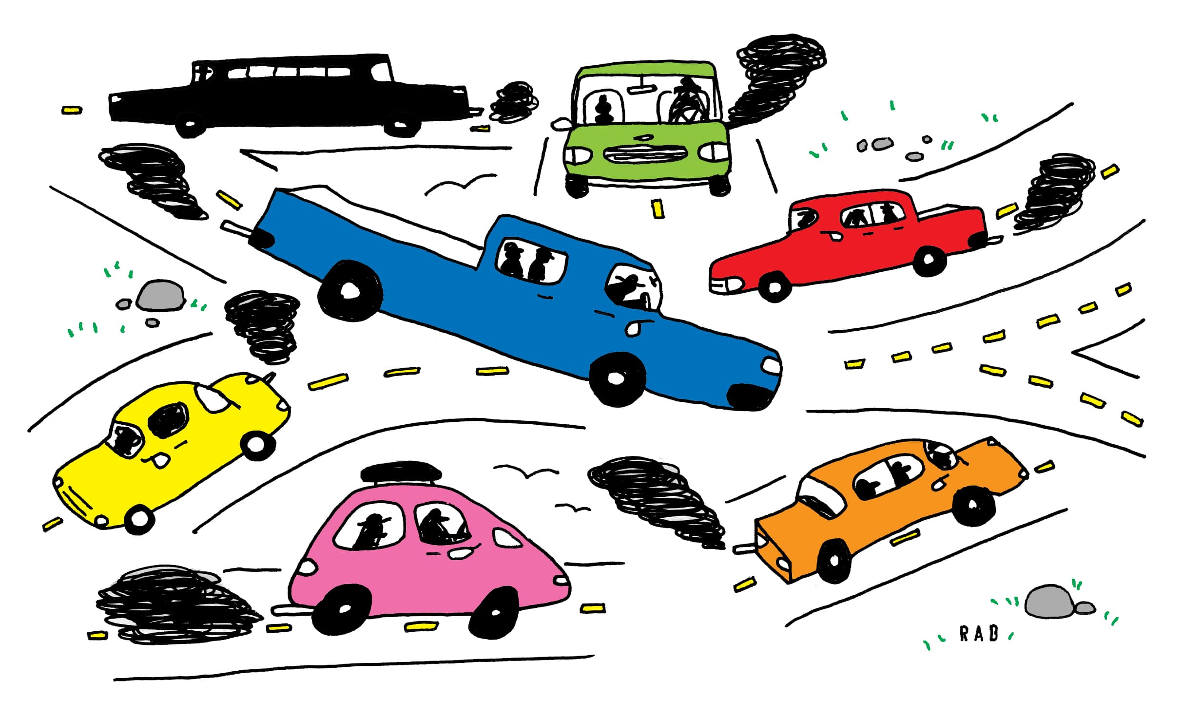 An illustration shows cars traveling multiple criss-crossing roads, all emitting black clouds of exhaust. Illustration by Rachal Duggan. 
