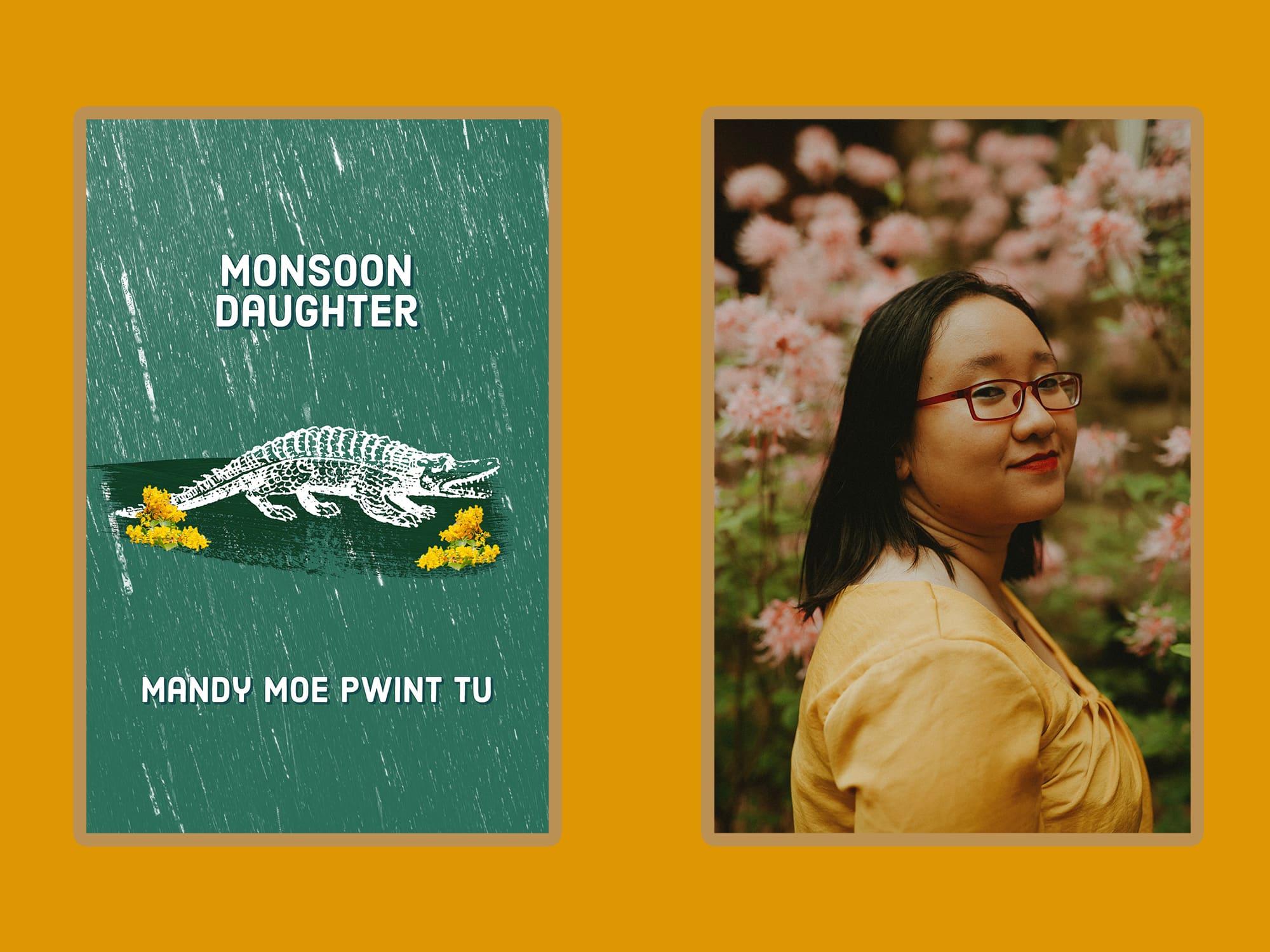 The cover of Mandy Tu’s chapbook, "Monsoon Daughter," showing a drawing of a crocodile and flowers on a green background, is set next to a headshot of the author.