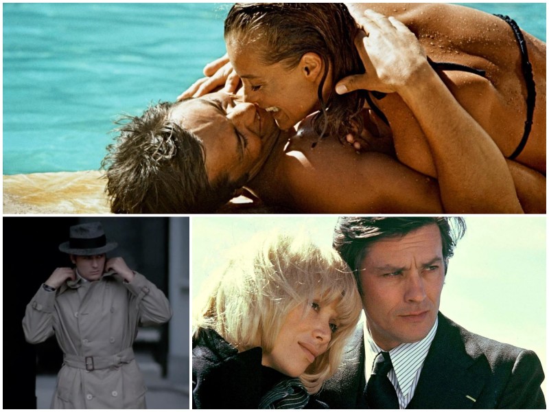A three-panel image collage featuring the films of Alain Delon. The top half shows Delon and Romy Schneider kissing poolside in "La Piscine" (1969). On the bottom left, Delon pulls up the collar of his trenchcoat in "Le Samouraï" (1967). And on the bottom right, Mirelle Darc and Delon look off into the distance to their right in "Les Seins De Glace" (1974).
