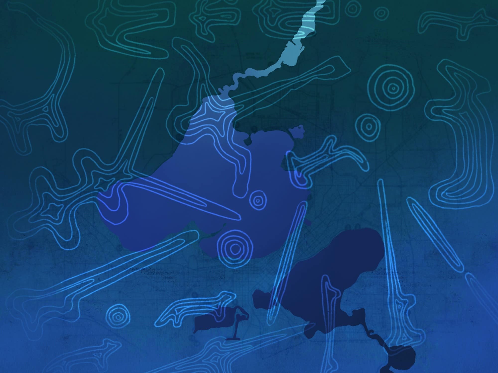 An illustration shows a map view of the Madison area, including Lake Monona and Lake Mendota, with the Yahara River extending upward from Lake Mendota to the edge of the frame. Overlaid on the green and blue map are outlines of several of the Indigenous mounds, including, in the center-left, the two-tailed water spirit mound that is the focus of this article. Illustration by nipinet.