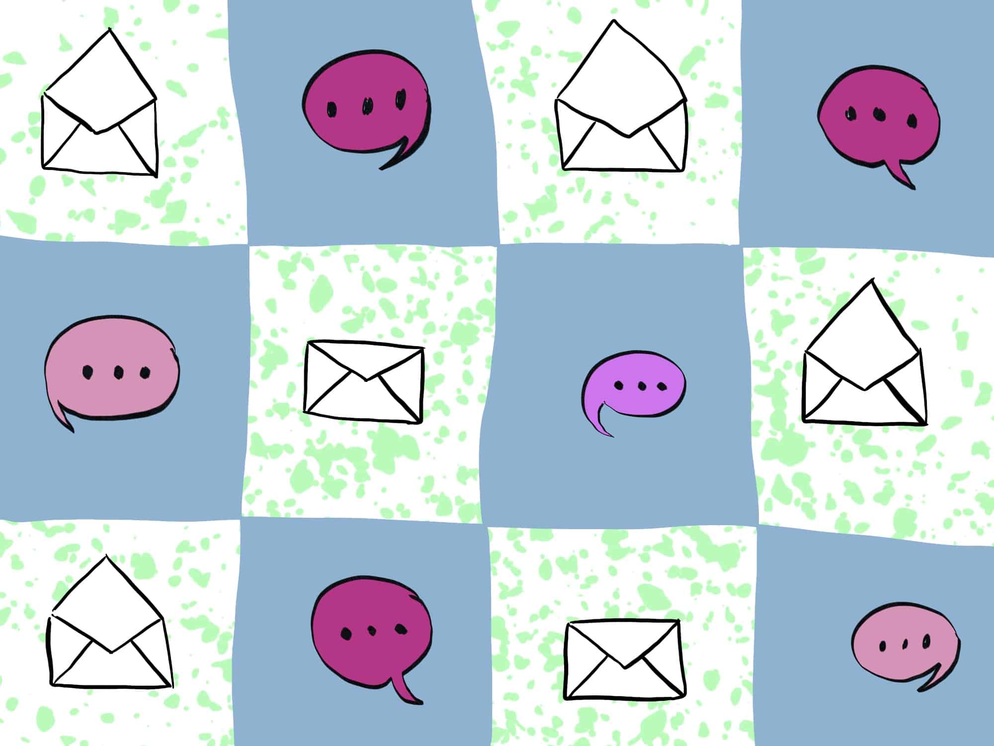 A checkerboard of white envelopes on a white background with light green splotches, and pink message bubbles on light blue backgrounds.