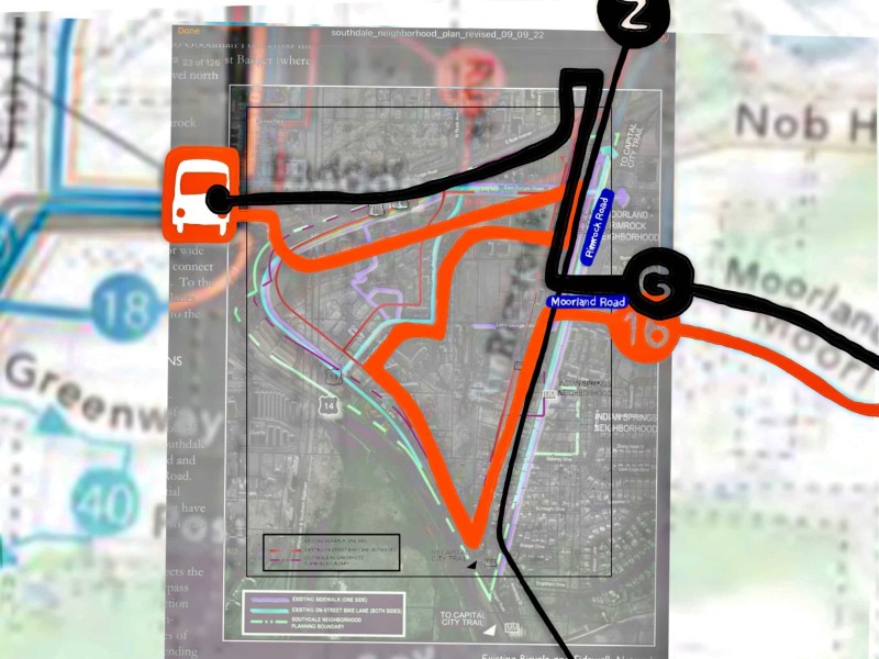 Illustration: Collaged map of the Southdale neighborhood with the current and proposed bus routes drawn. The current route for the area is in orange, it weaves through the Southdale neighborhood and includes 11 stops. The proposed bus route is in black along Rimrock Road and includes a single stop in the Southdale neighborhood. Illustration by M.Rose Sweetnam.