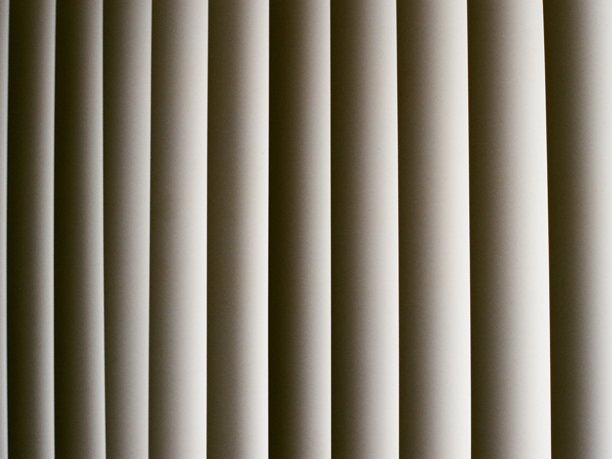An analog photograph of vertical blinds. The blinds take up all the space of the image. While light comes through them, you cannot see beyond them.