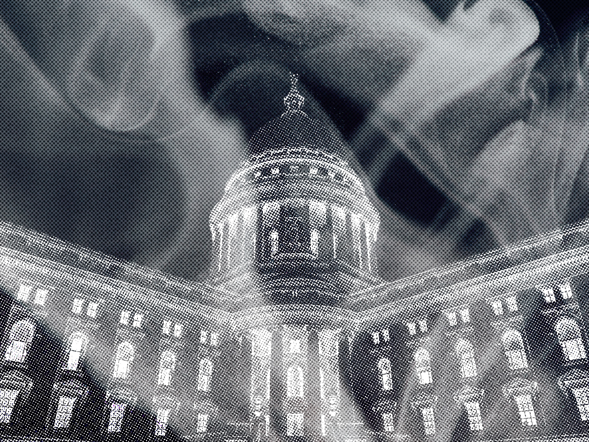 The Wisconsin Capitol building, rendered in beige halftone, is shown against a blue background with swirls of gas.