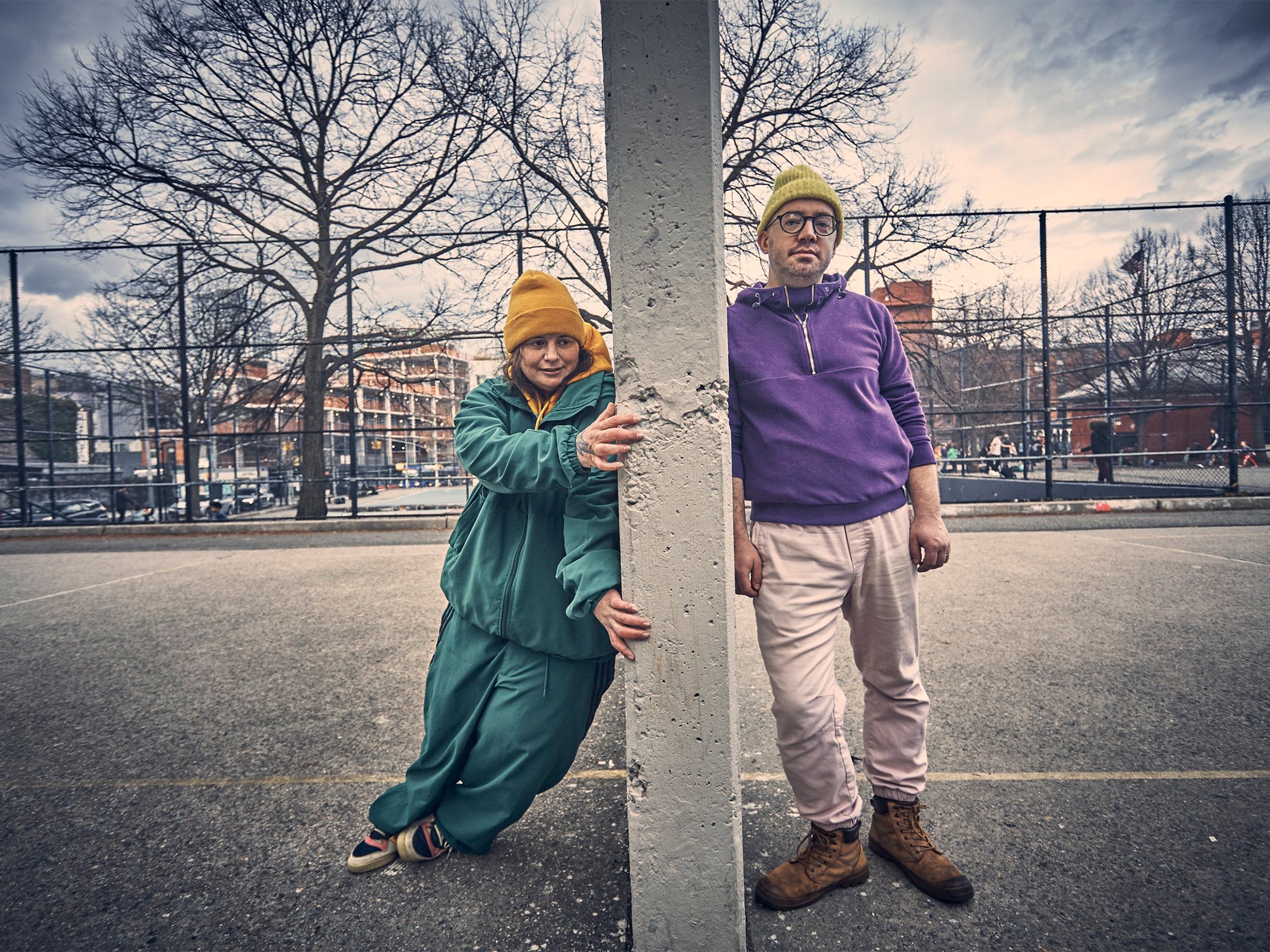 A promotional photo shows the two members of Anteloper, Jaimie Branch and Jason Nazary, standing on a tennis court and facing the camera.