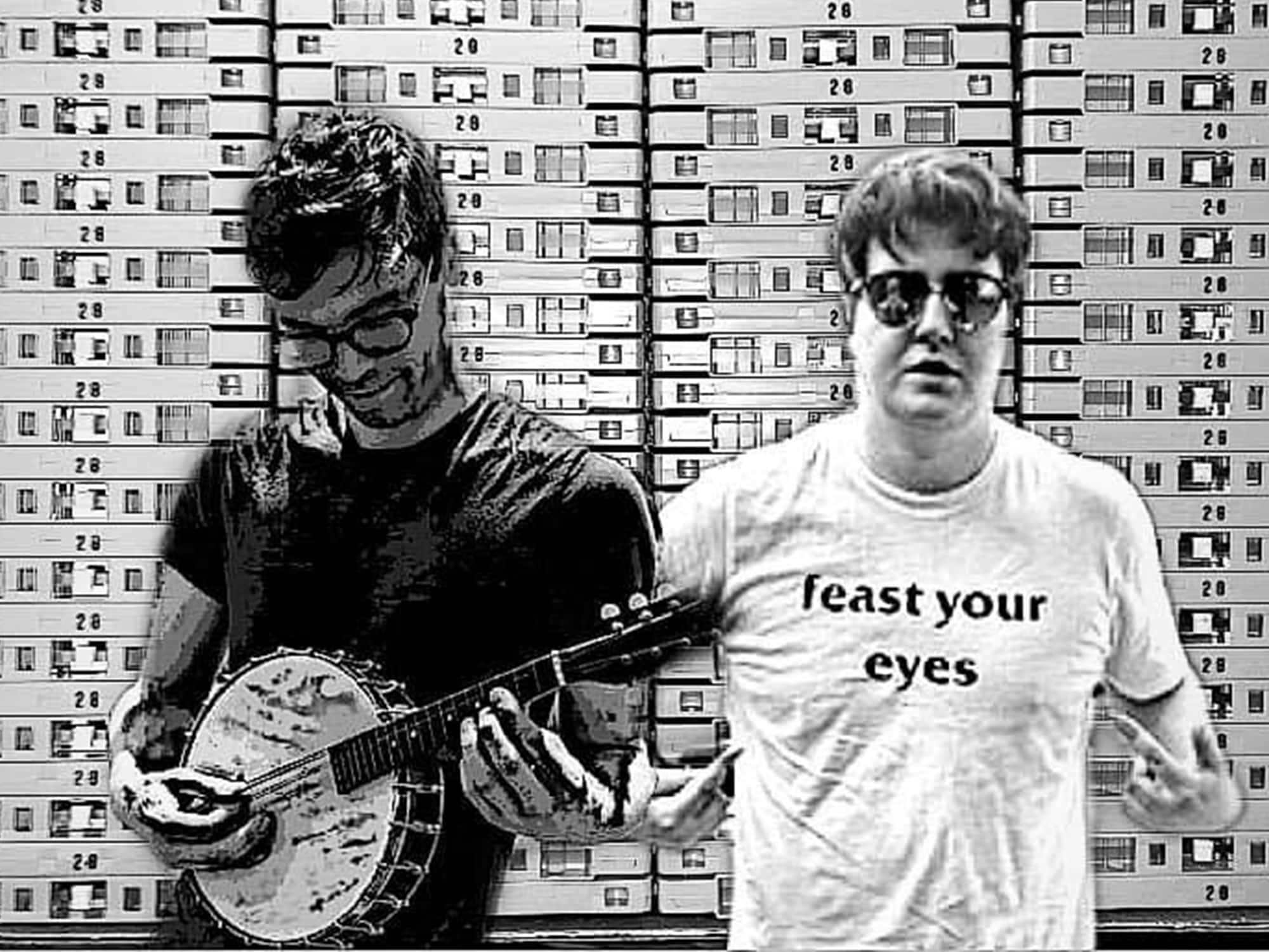 Cal Lamore and Liam Casey of Madison band Soot are shown in a black-and-white photo, posing against a repetitive background.