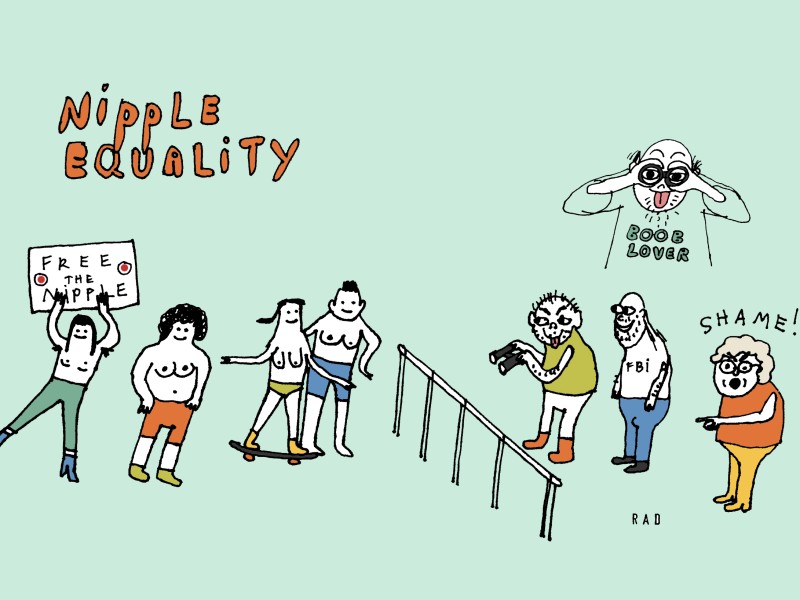 “An illustration shows a group of figures holding a topless protest. Across a railing from the topless protestors are another group of figures, including a woman yelling "Shame!" and a man wearing a shirt that reads "boob lover." The words "Nipple Equality" are written in the top left corner of the image.”