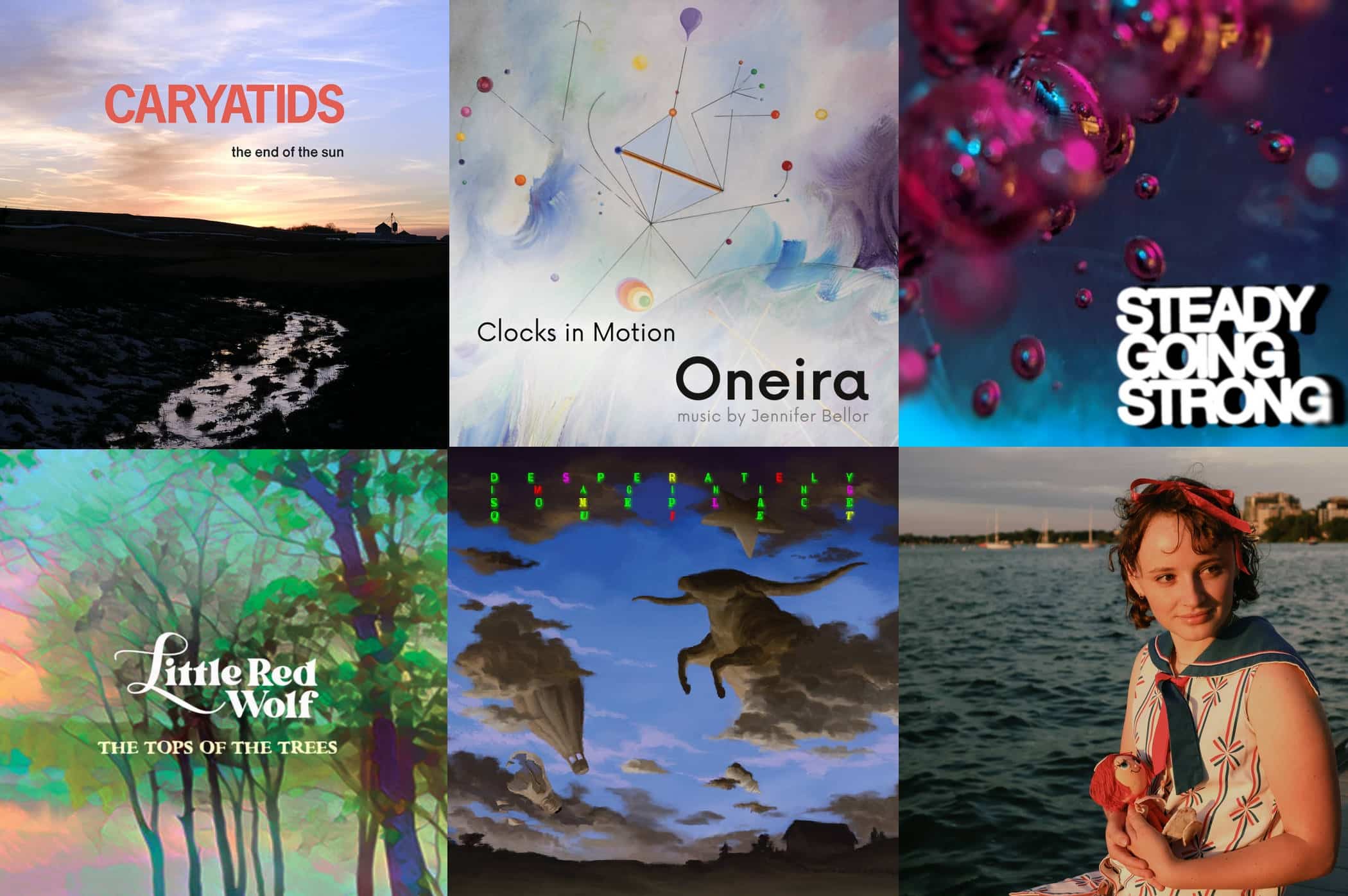 A 3x2 collage of the latest release art from (clockwise) Caryatids, Clocks In Motion, Air Cabin, Jane Hobson, Disq, and Little Red Wolf.