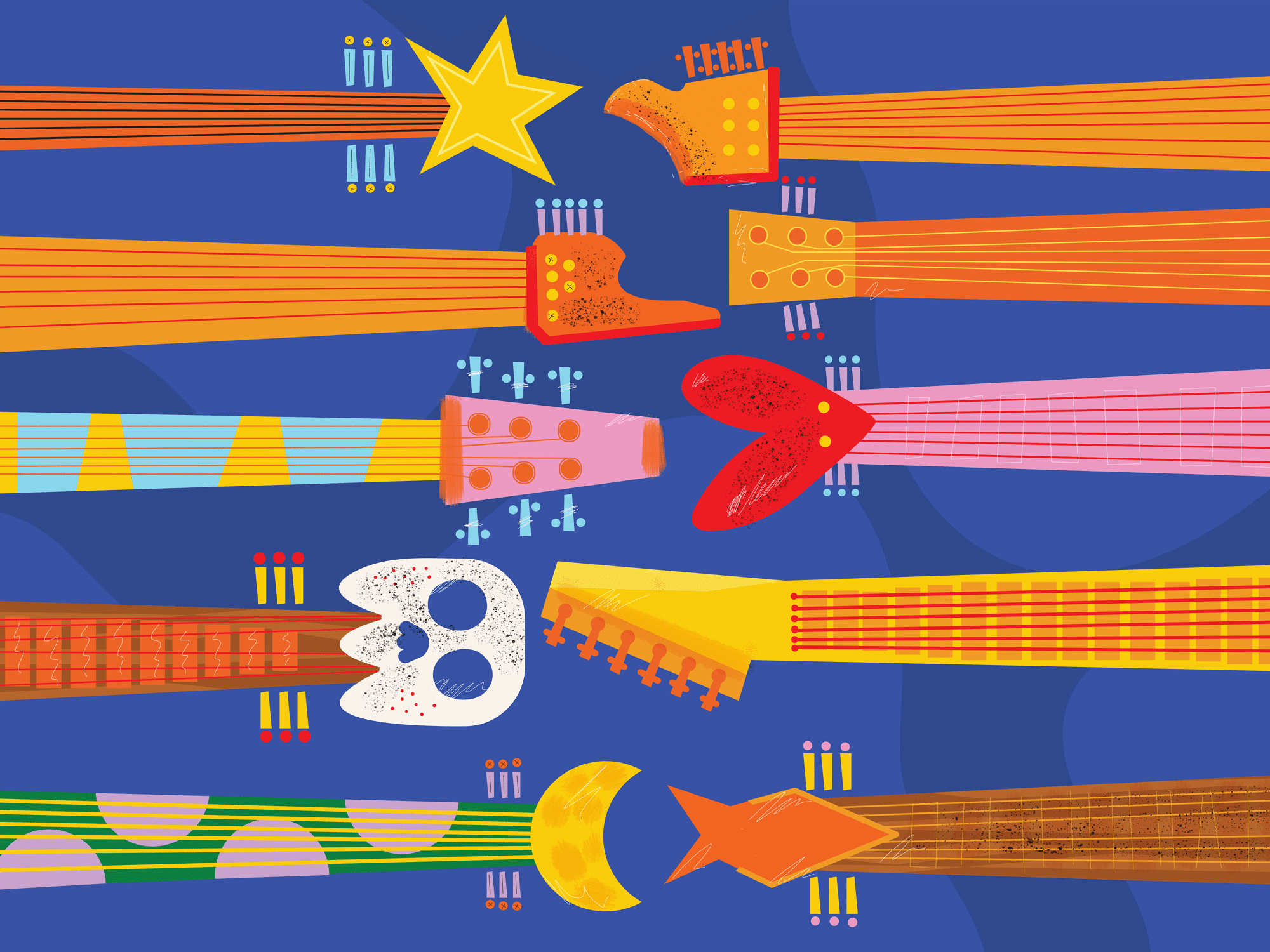 An illustration shows a series of multicolored guitar necks pointing in from either side of the frame.