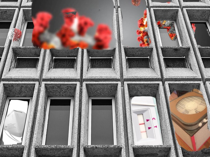 An illustration shows a black-and-white photo of Van Vleck Hall on the UW-Madison campus, photographed from below at a steep angle. Bleeding through some of the windows are images of COVID molecules, a rapid COVID test, an N95 mask, and a do-it-yourself air purifier.