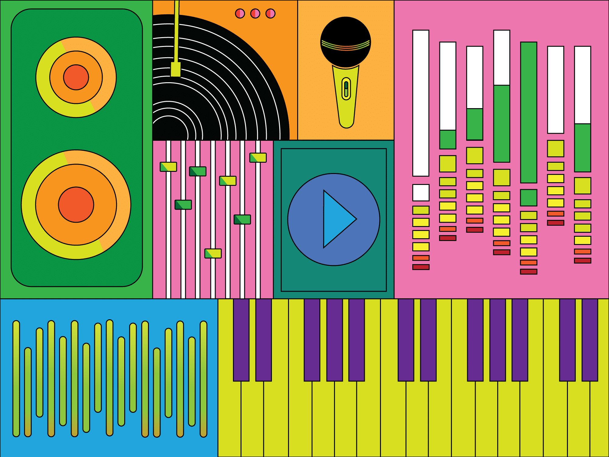 An illustration shows multi-colored images of a keyboard, a turntable, a microphone, speakers, a "play" button," and sliders and indicators from a soundboard, all arranged in a grid-like pattern.