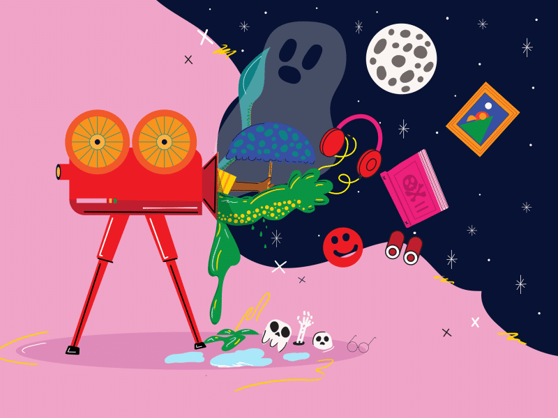 An illustration by Shaysa Sidebottom shows a film camera against an abstract background. Emanating from the camera's lens are a ghost, a hand holding an umbrella, and various other objects including a framed picture, a book, and a smiley face.