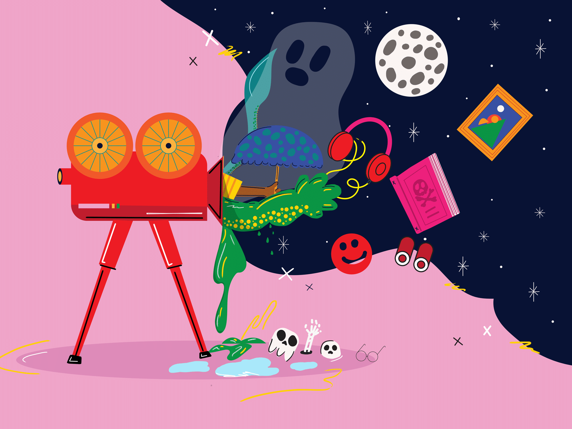 An illustration by Shaysa Sidebottom shows a film camera against an abstract background. Emanating from the camera's lens are a ghost, a hand holding an umbrella, and various other objects including a framed picture, a book, and a smiley face.