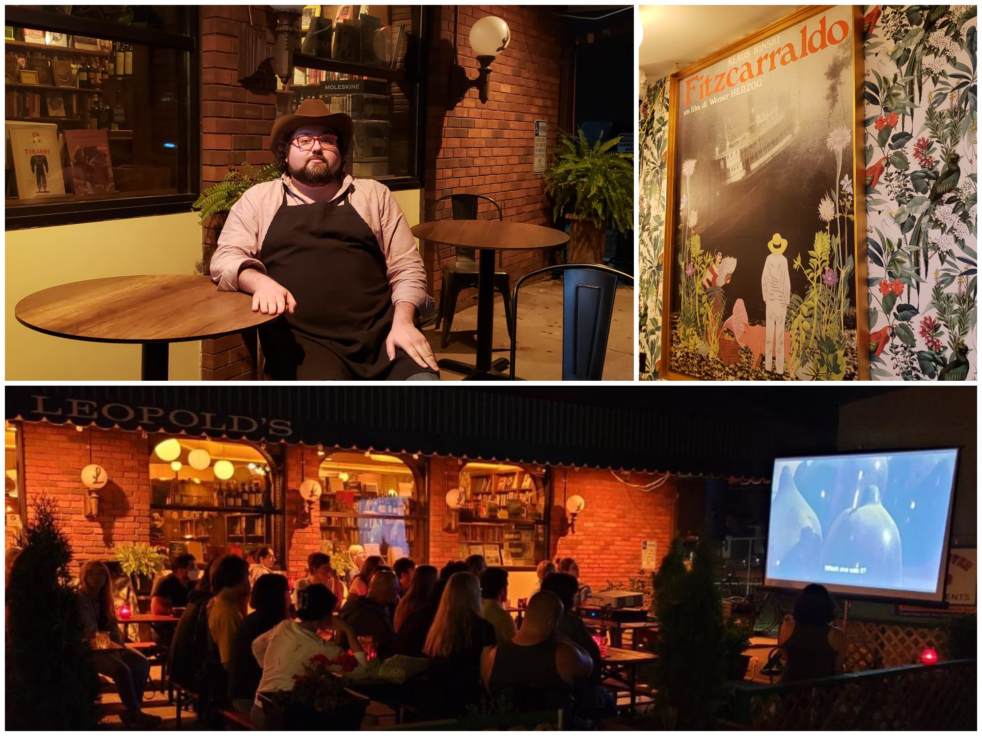 An image collage that features Leopold's owner Sam Brown seated at a table in front of the business after closing time (top left), a framed Italian art print poster of Werner Herzog's "Fitzcarraldo" by Rotolitoservice (top right). Both photos were taken by Grant Phipps. The bottom wide shot of the audience watching the film "Fitzcarraldo" on July 17 was captured by Sam Brown.