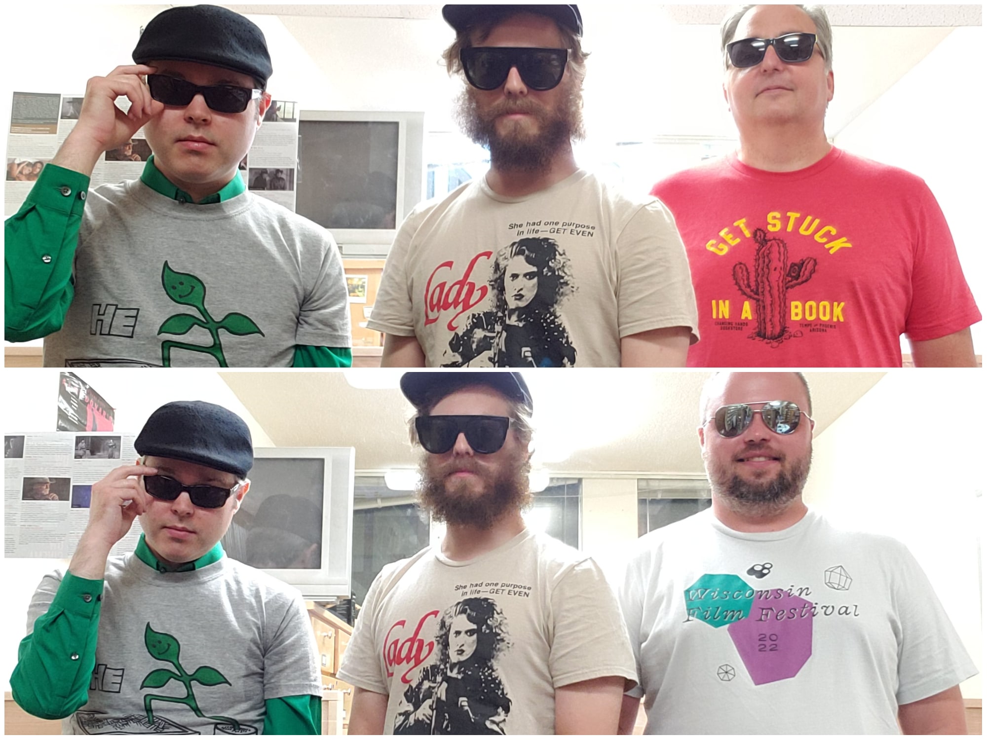 (Don't) call them "before and after" shots. Before the podcast recording, Cap Times critic Rob Thomas (right) joins Grant Phipps (left) and Lewis Peterson (center) as they pose with sunglasses in front of the Four Star Video Rental counter. The bottom photo was taken after recording without Rob Thomas, with Jason Fuhrman taking his place on the right. Grant and Lewis assume similar poses and face the camera with sunglasses again.