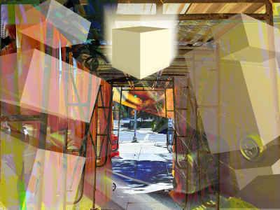 A glowing box descends, about to block the exit of a pedestrian construction scaffolding that leads out into a sunny day. Spiderwebs, trash, and abstract building-like boxes climb around the scaffolding.