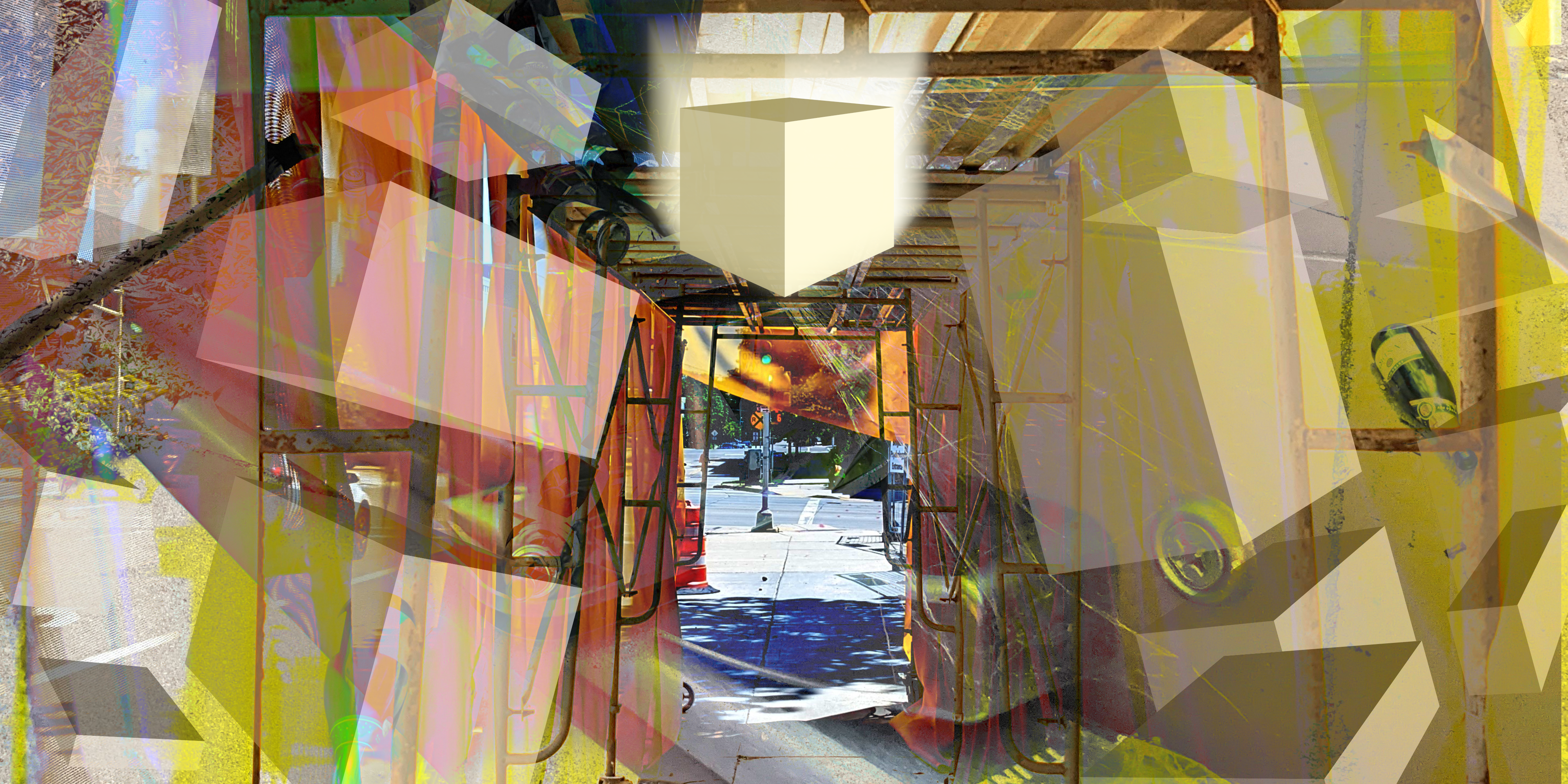 A glowing box descends, about to block the exit of a pedestrian construction scaffolding that leads out into a sunny day. Spiderwebs, trash, and abstract building-like boxes climb around the scaffolding.