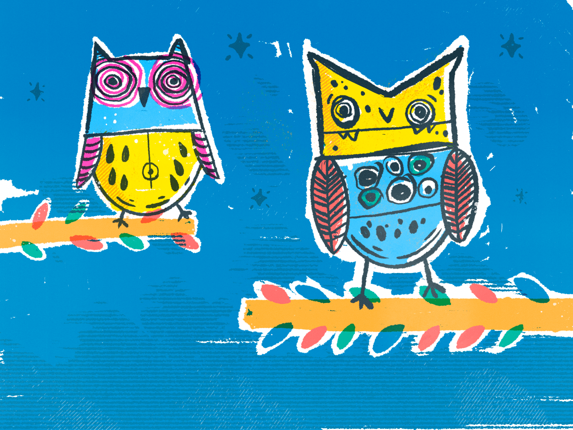 An illustration shows two colorful owls perched on branches, against a blue background.
