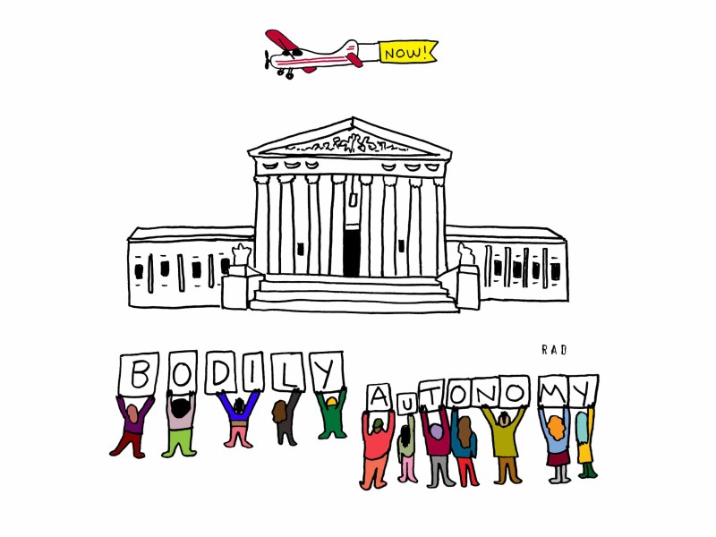 An illustration shows two lines of demonstrators holding up one-letter signs that together spell out "BODILY AUTONOMY." The protestors are standing in front of a Neoclassical-style building resembling the U.S. Supreme Court building. Above the building, a red and white plane flies, trailing a banner that reads "NOW!"