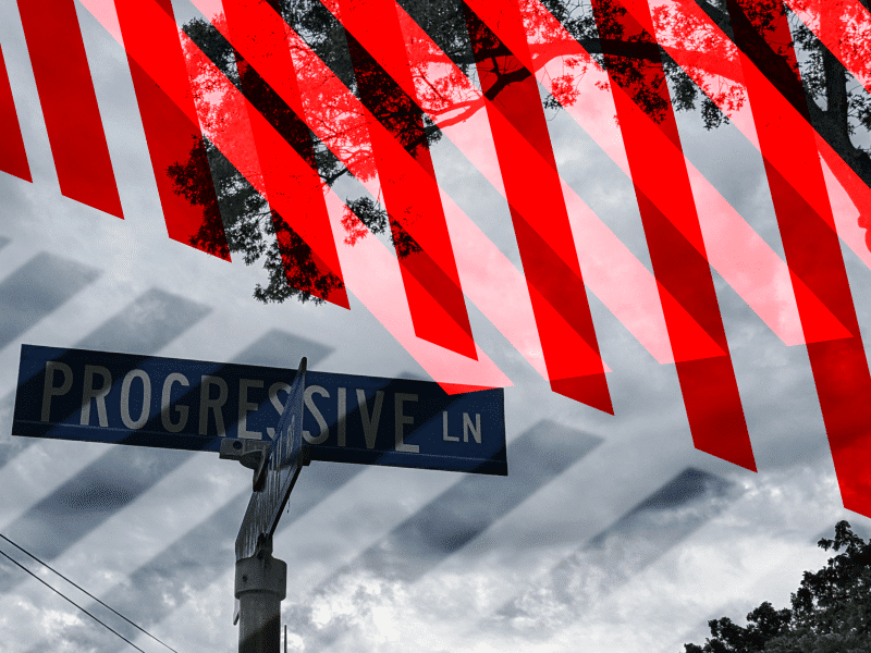 A photo of a Progressive Lane street sign under a cloudy sky and a tree, covered with shadows from an encroaching set of abstract red jail bars, overlapping at strange angles.
