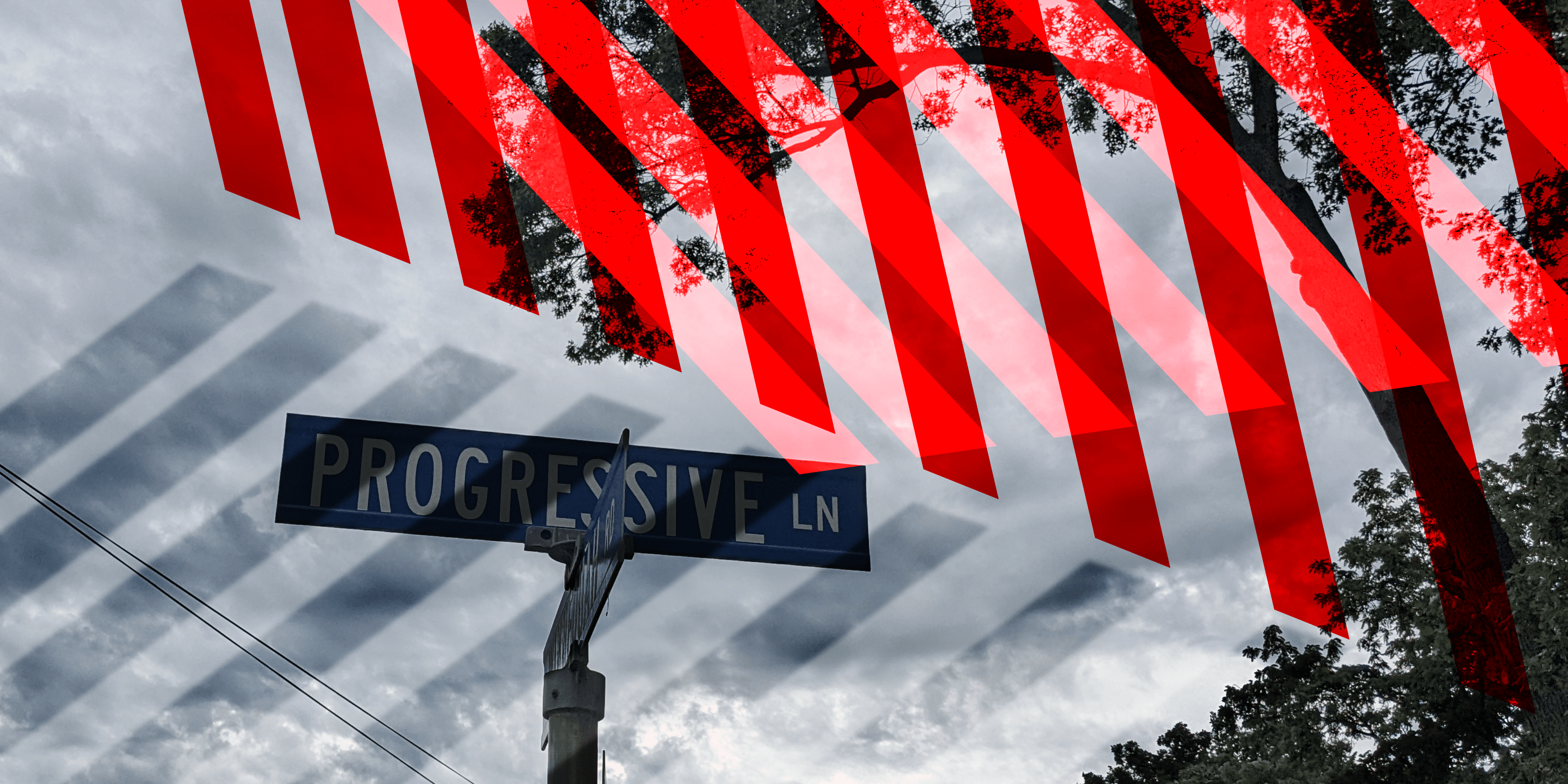 A photo of a Progressive Lane street sign under a cloudy sky and a tree, covered with shadows from an encroaching set of abstract red jail bars, overlapping at strange angles.