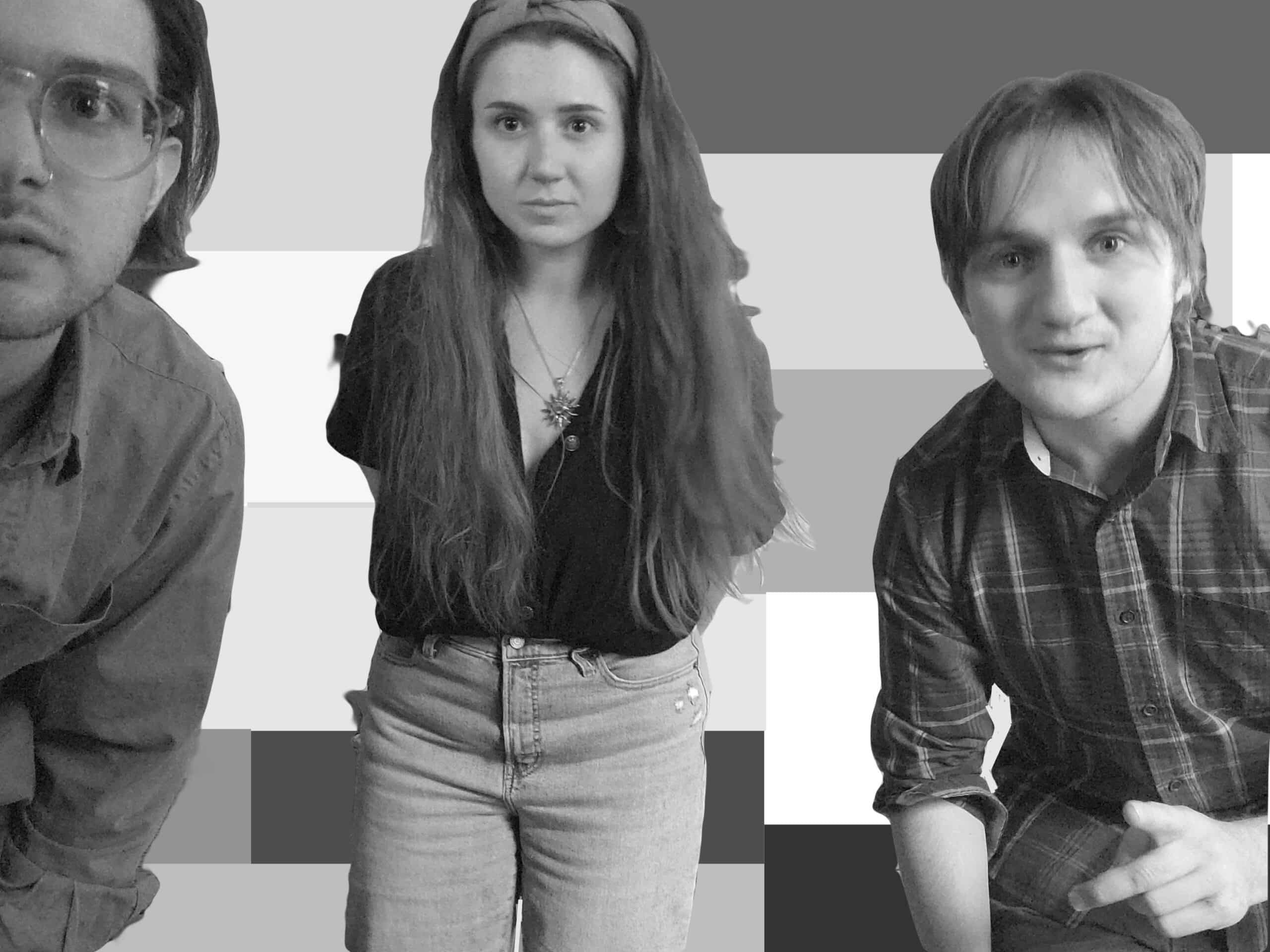 The members of the band Loveblaster pose for a publicity photo against a black-and-white background.