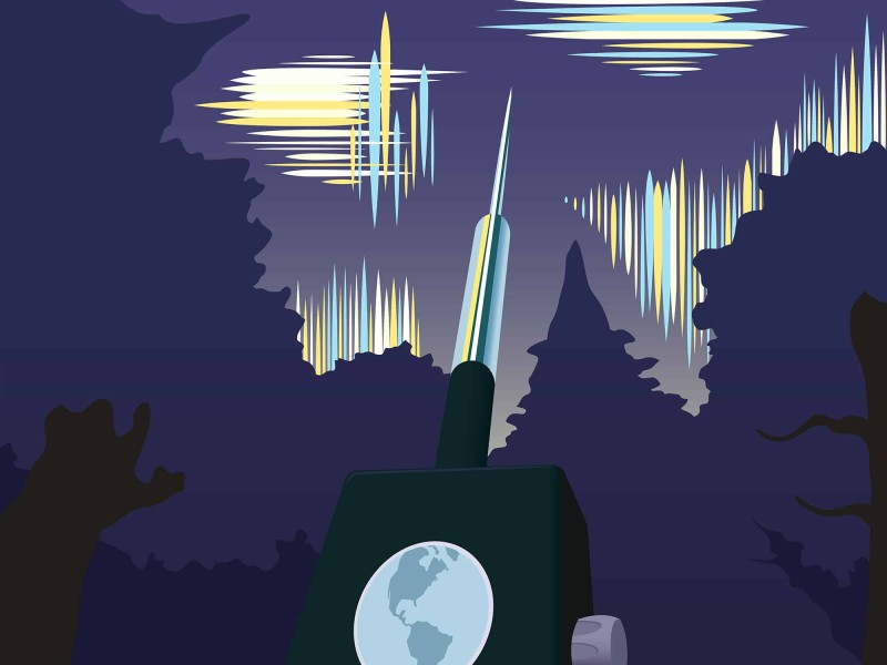 An illustration shows a small handheld radio device with its antenna extended toward the night sky. The sky is framed in a line of trees, and criss-crossed with abstract blue and yellow patterns that suggest sound waves.