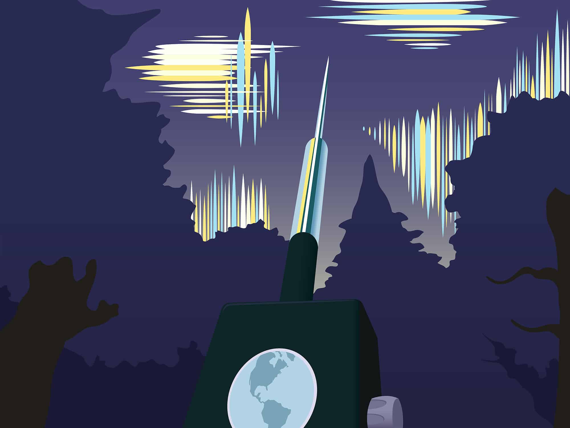 An illustration shows a small handheld radio device with its antenna extended toward the night sky. The sky is framed in a line of trees, and criss-crossed with abstract blue and yellow patterns that suggest sound waves.