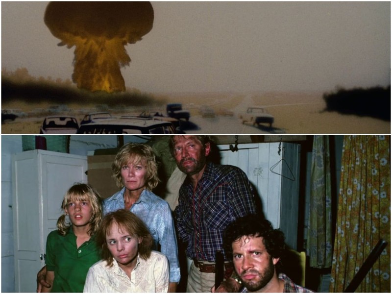 The top image is a still depicting a nuclear explosion in Nicholas Meyer's "The Day After"; beneath it is a promotional still of the Dahlberg family and their apocalypse stowaway (Steve Guttenberg, staring at the camera) from "The Day After" as seen in Jeff Daniels' "Television Event."