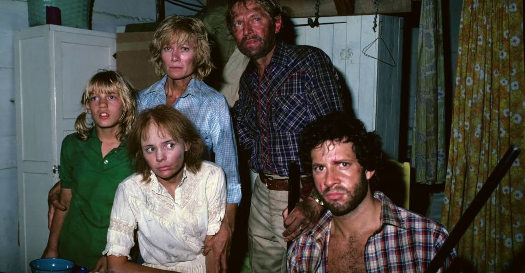A promotional still of the Dahlberg family and their apocalypse stowaway (Steve Guttenberg, staring at the camera) in "The Day After."
